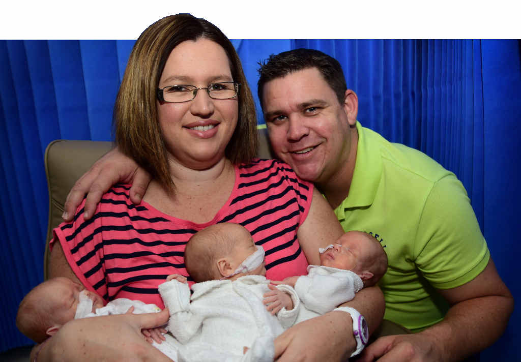 Parents Melody and Matthew Cullen of Little Mountain have welcomed triplets - (left) Noah, Joseph and William - to join siblings Jacob, 10, Sophie, 7, and Jasmine, 5, at Sunshine Coast Private Hospital, Buderim. Photo: Iain Curry / Sunshine Coast Daily Parents Melody and Matthew Cullen of Little Mountain have welcomed triplets - (left) Noah, Joseph and William - to join siblings Jacob, 10, Sophie, 7, and Jasmine, 5, at Sunshine Coast Private Hospital, Buderim. Photo: Iain Curry / Sunshine Coast Daily
